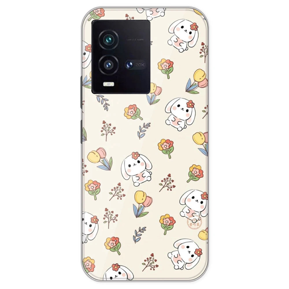 Cute Bunny And Flowers- Printed Silicone Case For IQOO 9SE
