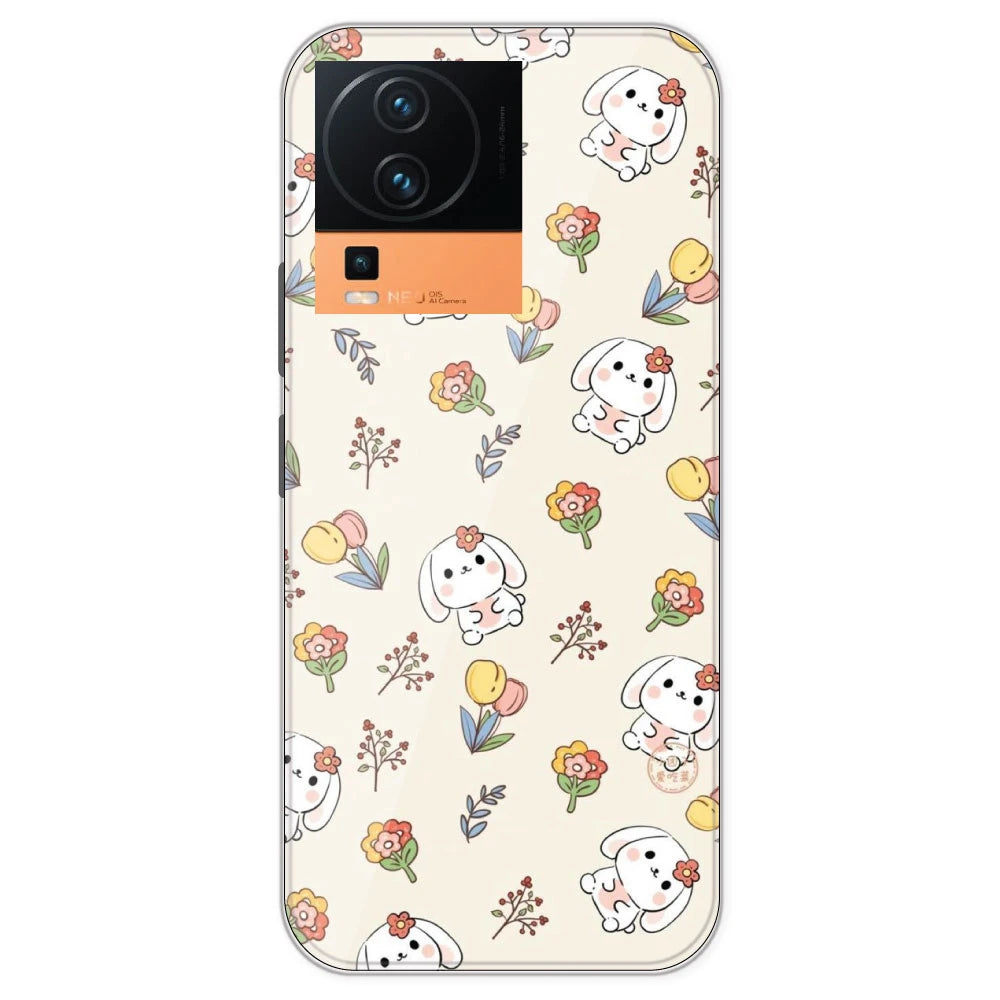 Cute Bunny And Flowers- Printed Silicone Case For IQOO Neo 7 Pro