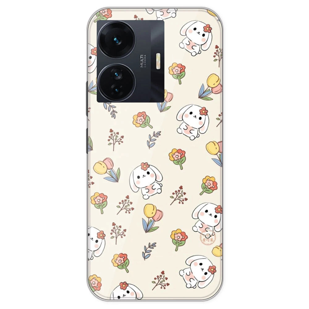 Cute Bunny And Flowers- Printed Silicone Case For IQOO Z6 Pro