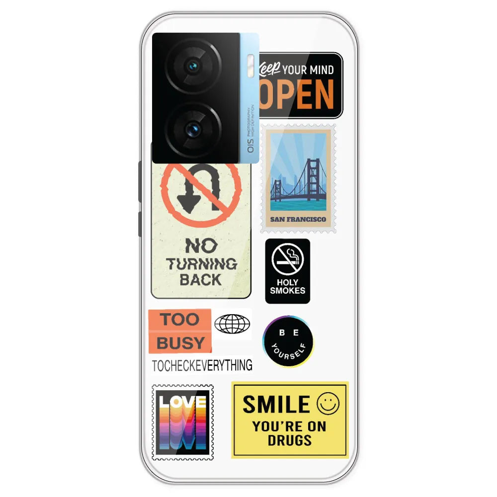 Retro Labels - Clear Printed Silicone Case For IQOO Z7S