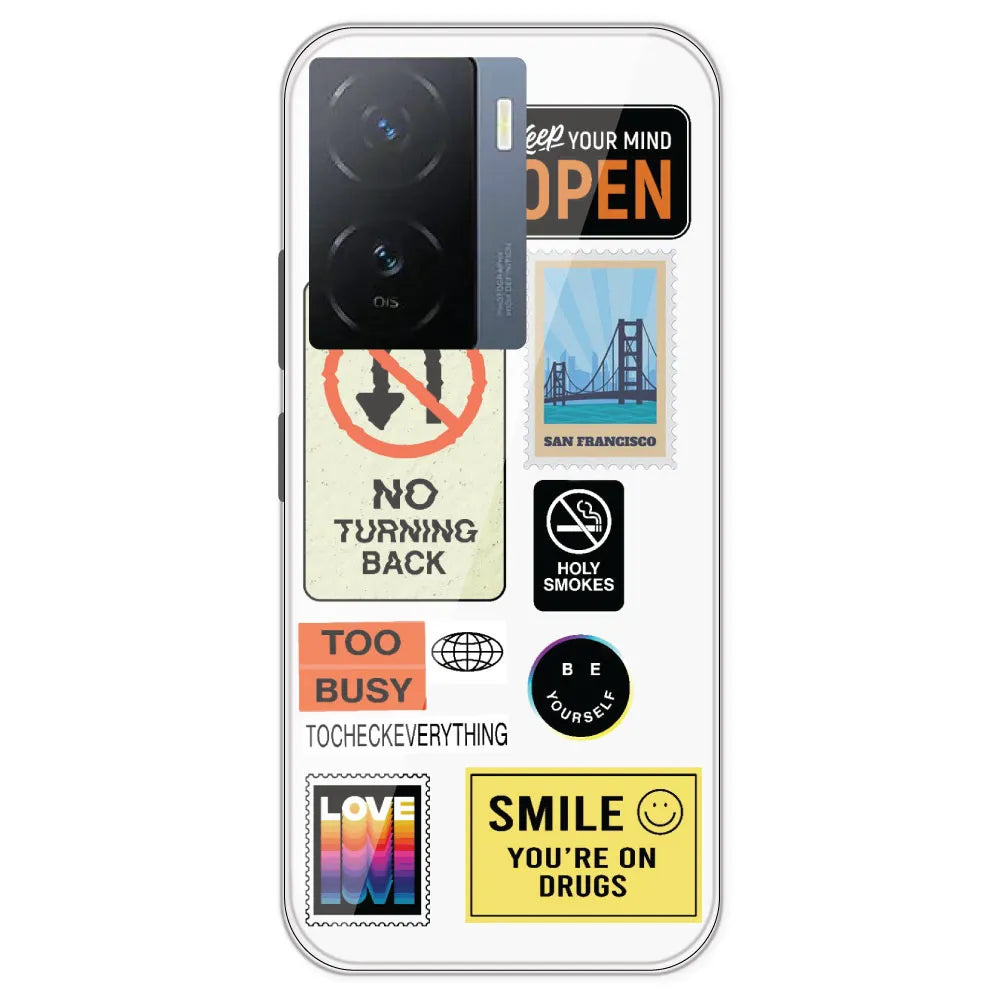 Retro Labels - Clear Printed Silicone Case For IQOO Z7