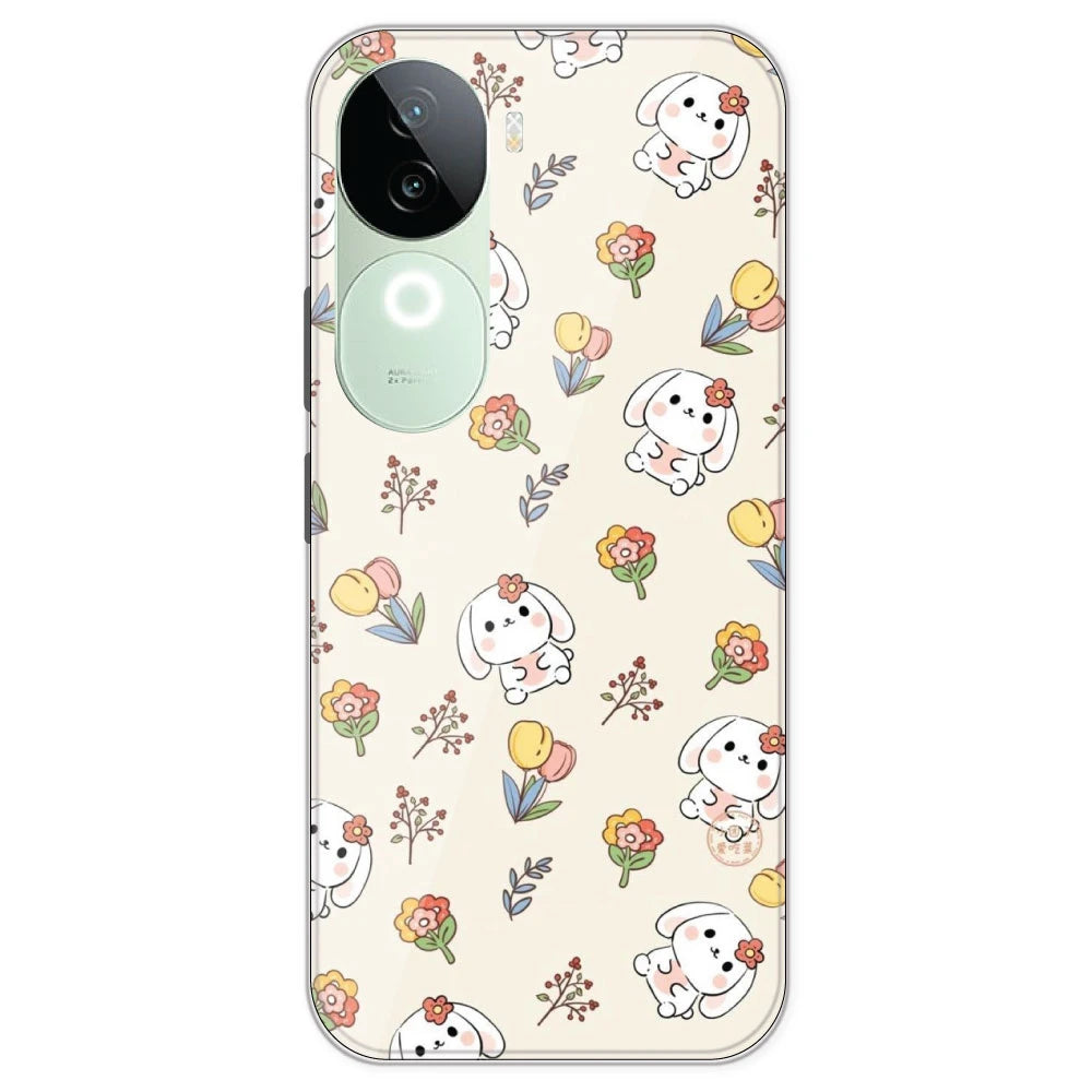 Cute Bunny And Flowers- Printed Silicone Case For IQOO Z9S