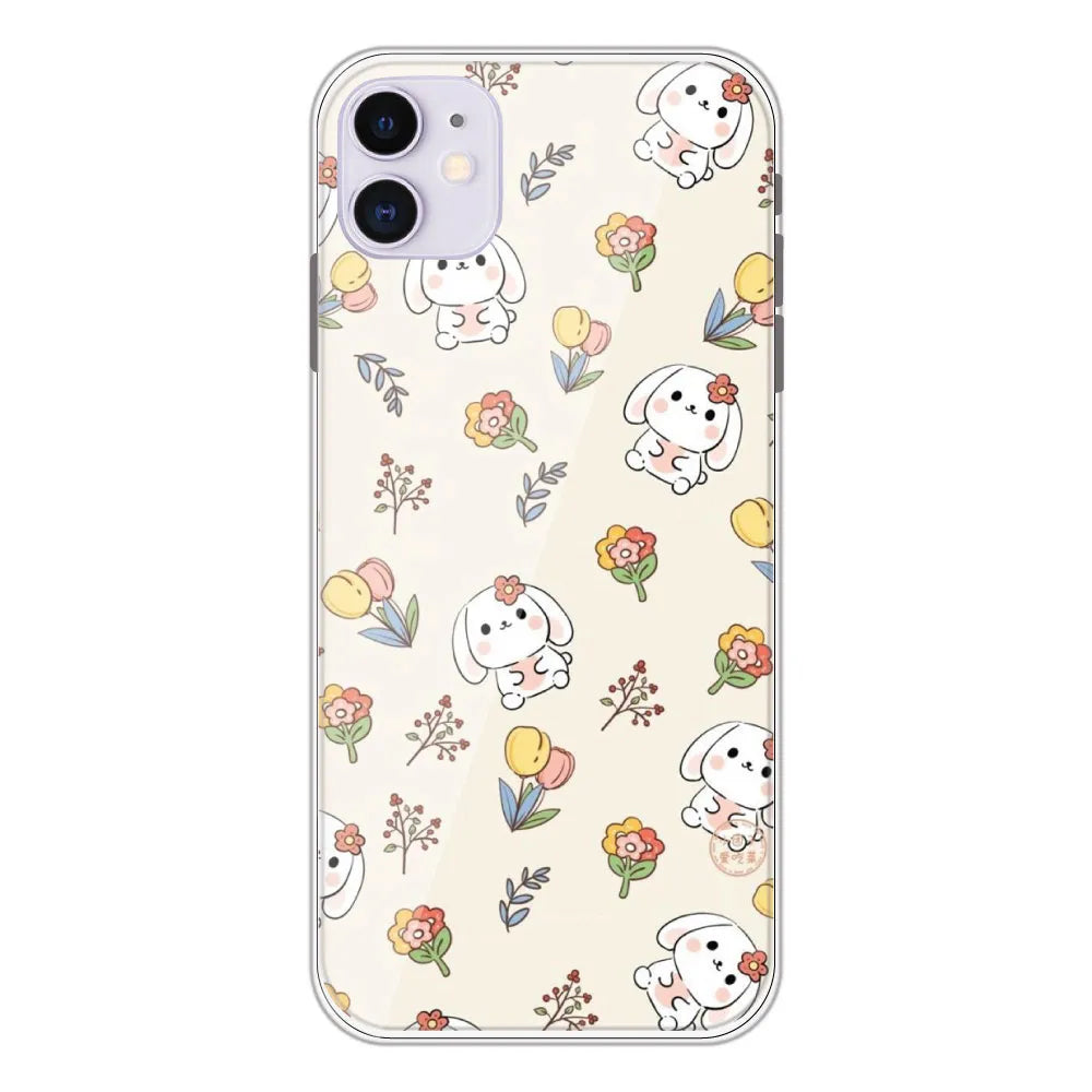 Cute Bunny & Flowers - Printed Silicone Case For Apple iPhone 11