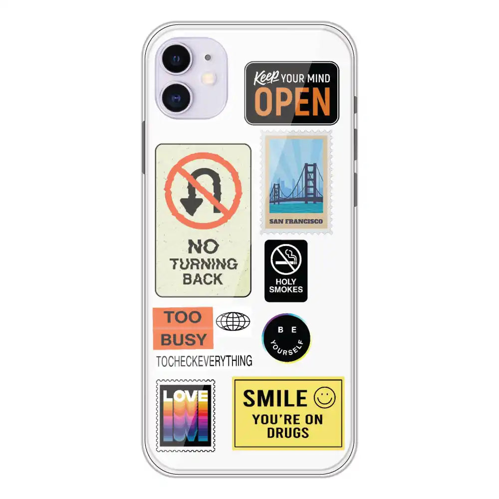 Retro Labels - Clear Printed Silicone Case For Apple iPhone 11