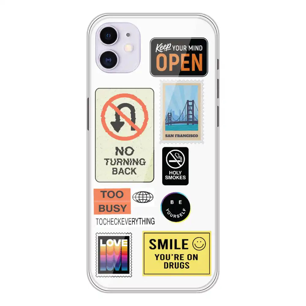 Retro Labels - Clear Printed Silicone Case For Apple iPhone 12