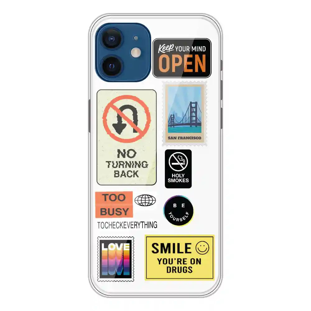 Retro Labels - Clear Printed Silicone Case For Apple iPhone 12 Mini