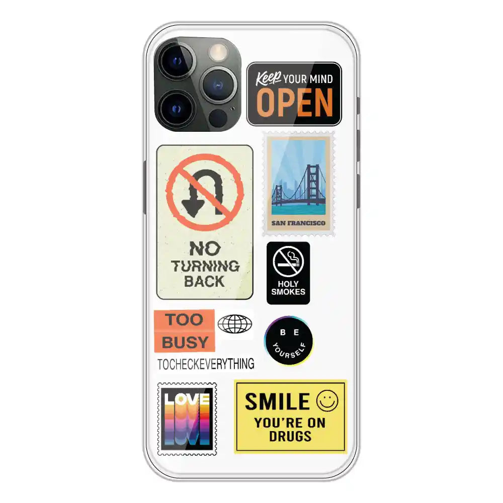 Retro Labels - Clear Printed Silicone Case For Apple iPhone 12 Pro