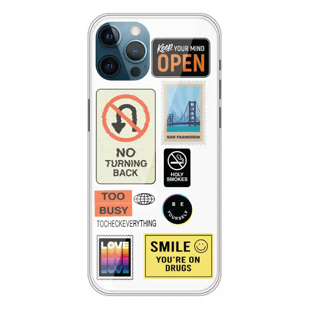 Retro Labels - Clear Printed Silicone Case For Apple iPhone 12 Pro Max