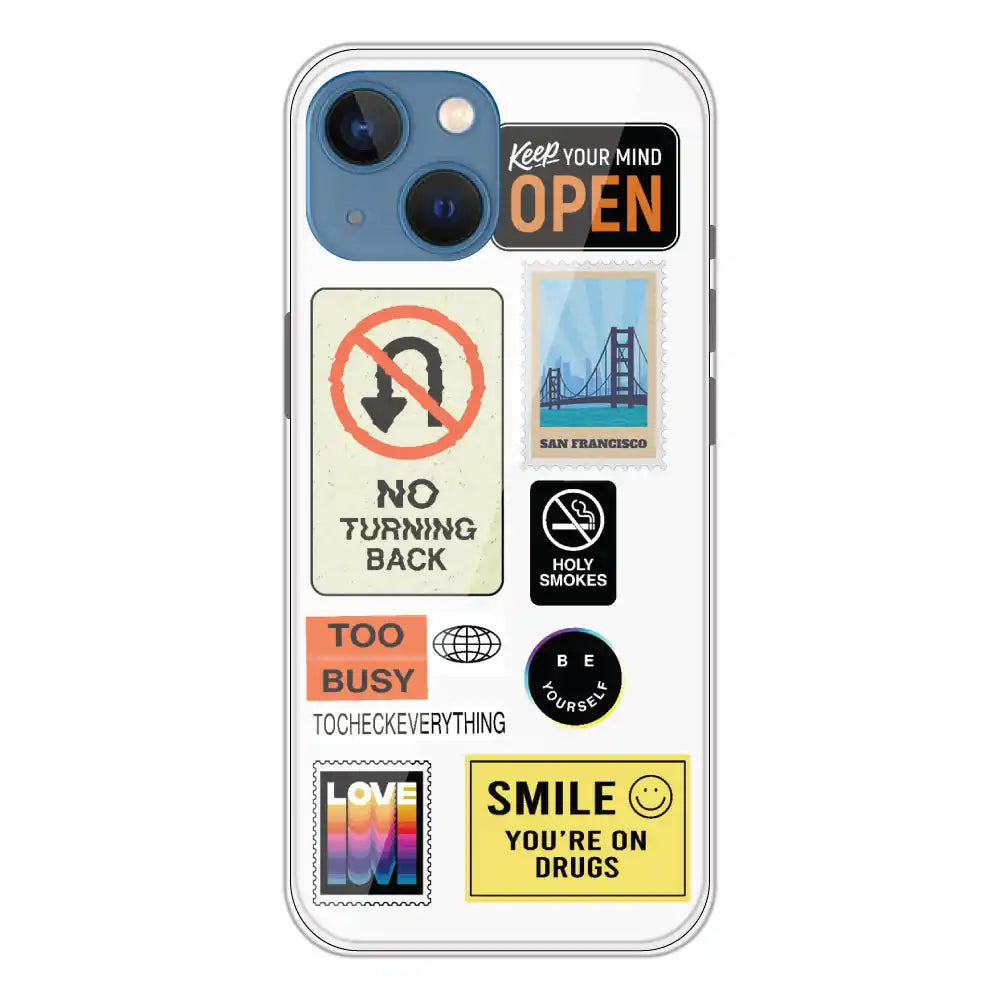 Retro Labels - Clear Printed Silicone Case For Apple iPhone 13