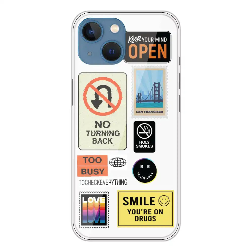 Retro Labels - Clear Printed Silicone Case For Apple iPhone 13 Mini