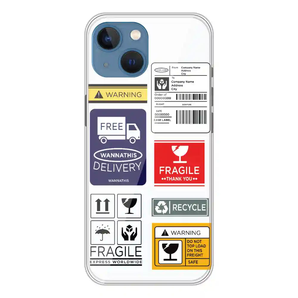 Caution Labels - Clear Printed Silicone Case For Apple iPhone 13 Mini