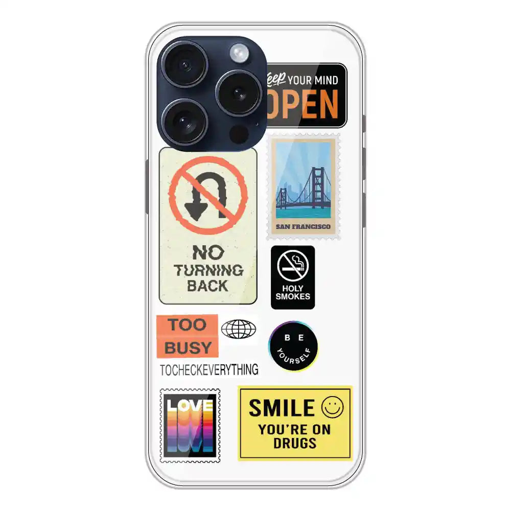 Retro Labels - Clear Printed Silicone Case For Apple iPhone 13 Pro