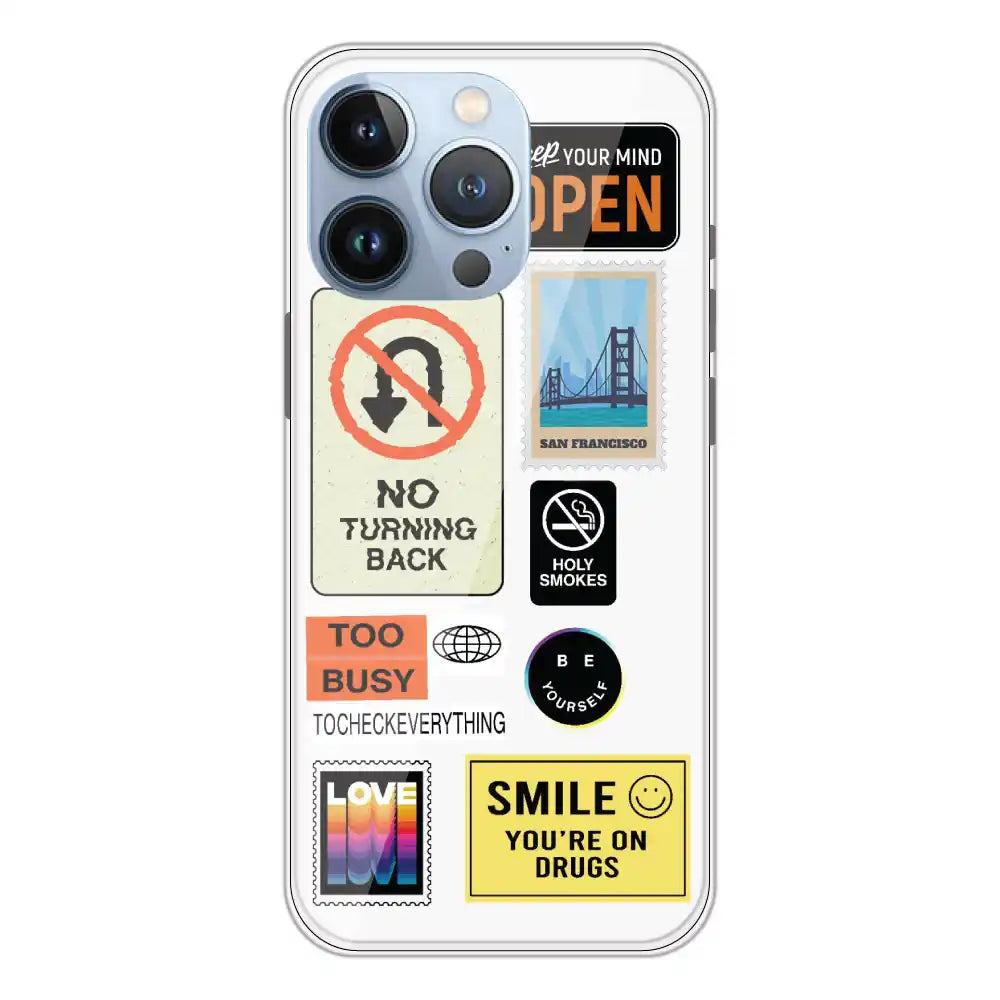 Retro Labels - Clear Printed Silicone Case For Apple iPhone 13 Pro Max