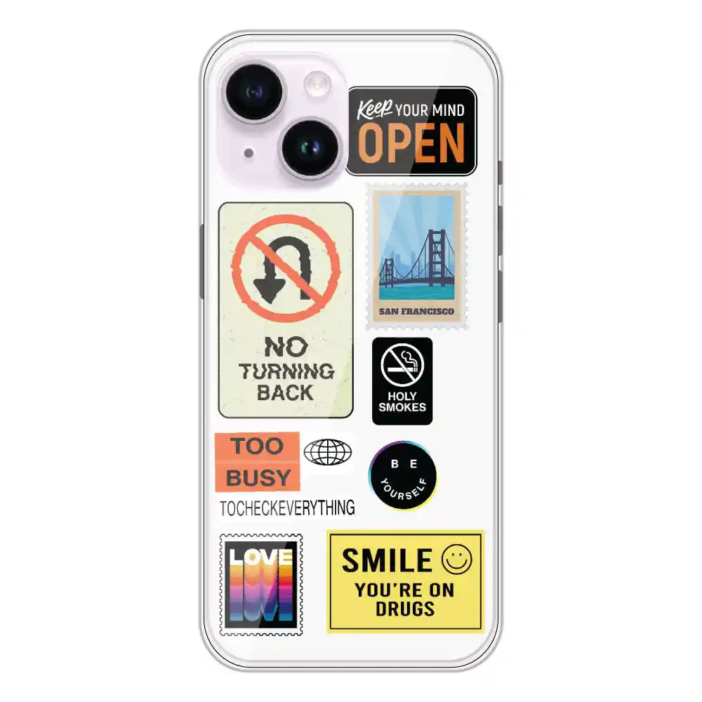 Retro Labels - Clear Printed Silicone Case For Apple iPhone 14