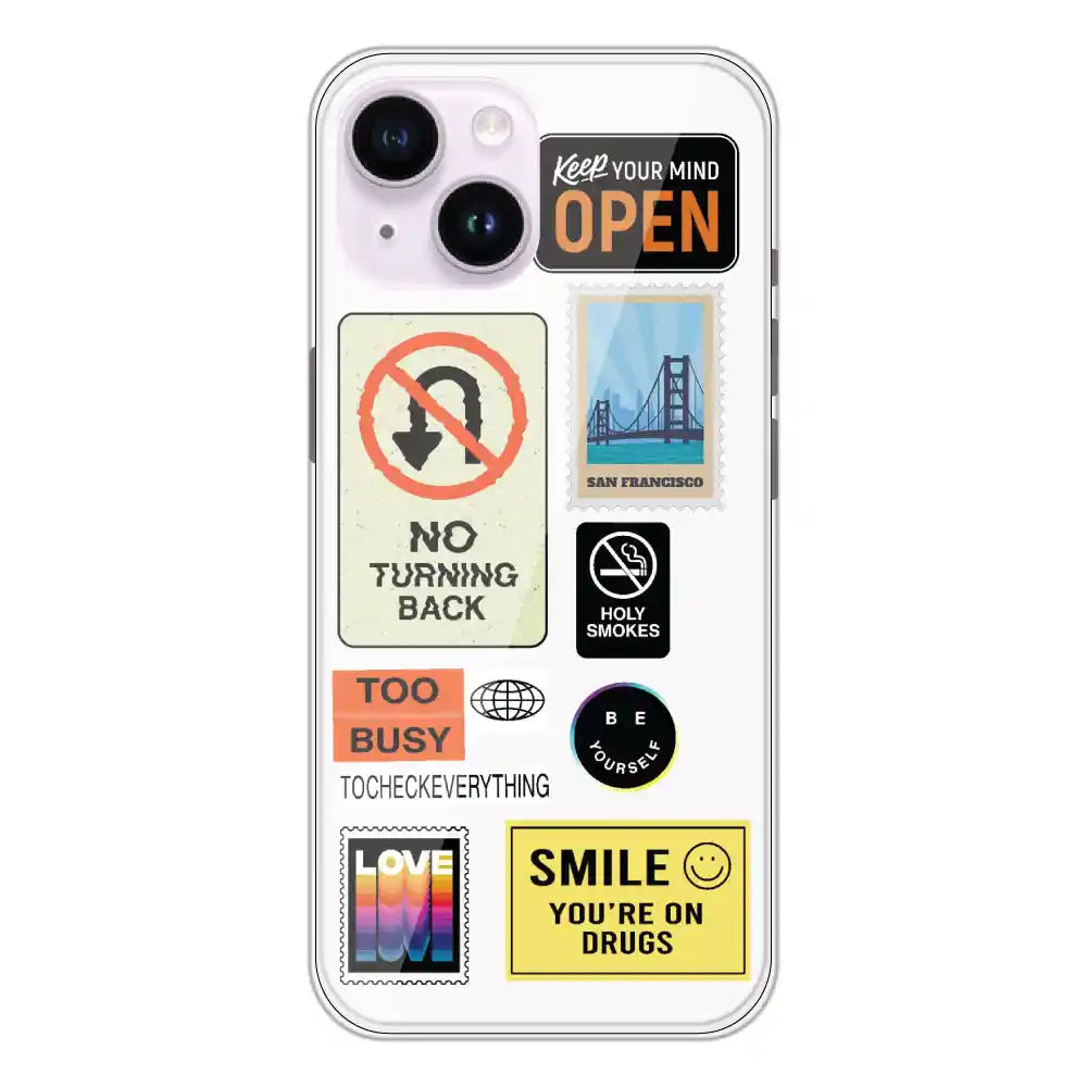 Retro Labels - Clear Printed Silicone Case For Apple iPhone 14 Plus