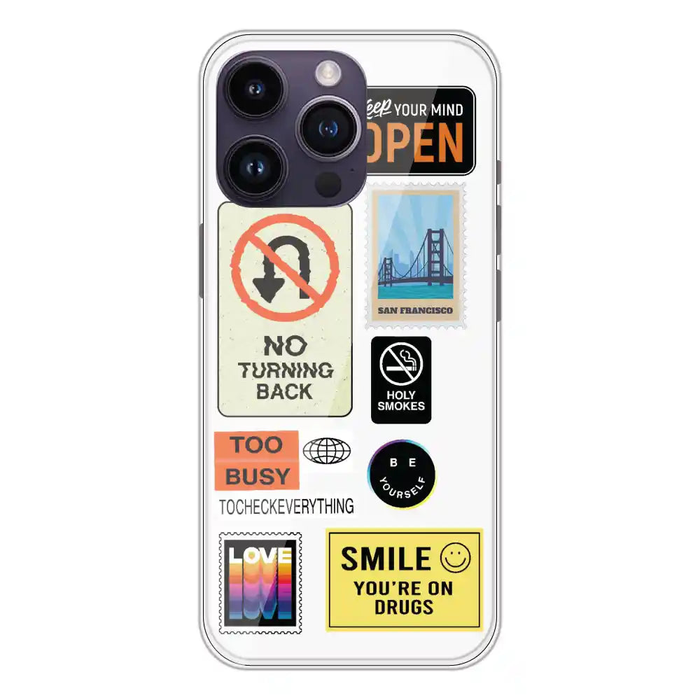 Retro Labels - Clear Printed Silicone Case For Apple iPhone 14 Pro Max