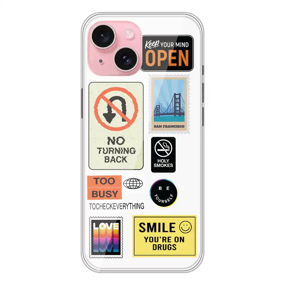 Retro Labels - Clear Printed Silicone Case For Apple iPhone 15