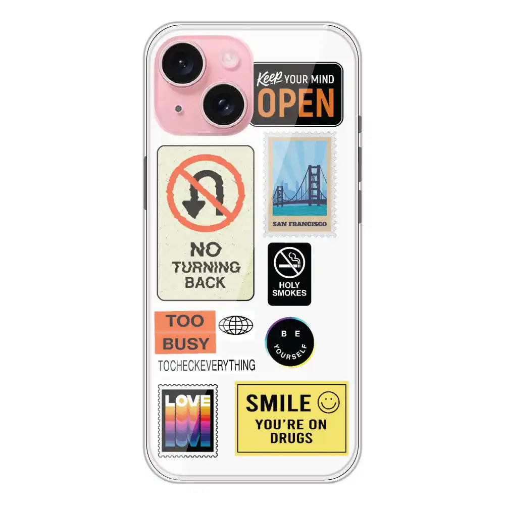 Retro Labels - Clear Printed Silicone Case For Apple iPhone 15 Plus