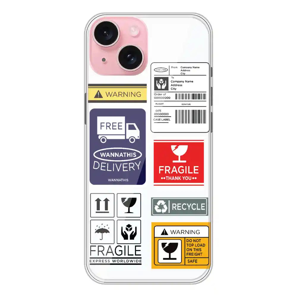 Caution Labels - Clear Printed Silicone Case For Apple iPhone 15 Plus