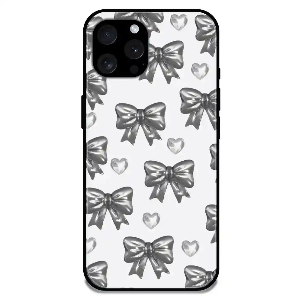 'Black Bows & Hearts - Glossy Metal Silicone Case For Apple iPhone 15 Pro