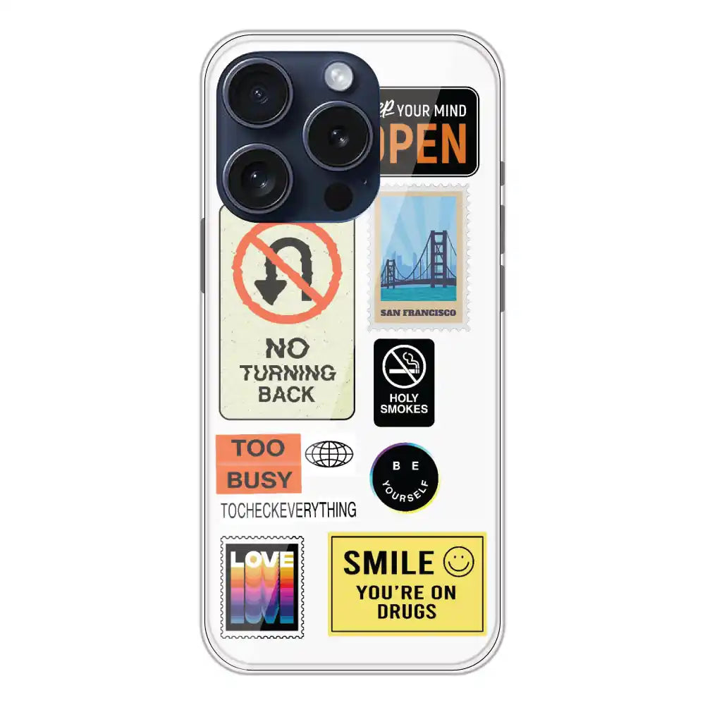 Retro Labels - Clear Printed Silicone Case For Apple iPhone 15 Pro