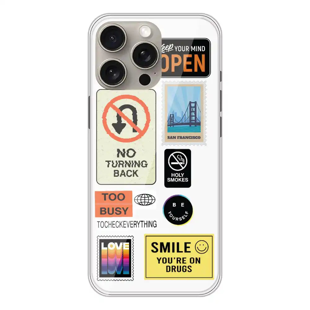 Retro Labels - Clear Printed Silicone Case For Apple iPhone 15 Pro Max