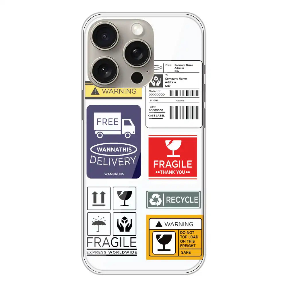 Caution Labels - Clear Printed Silicone Case For Apple iPhone 15 Pro Max
