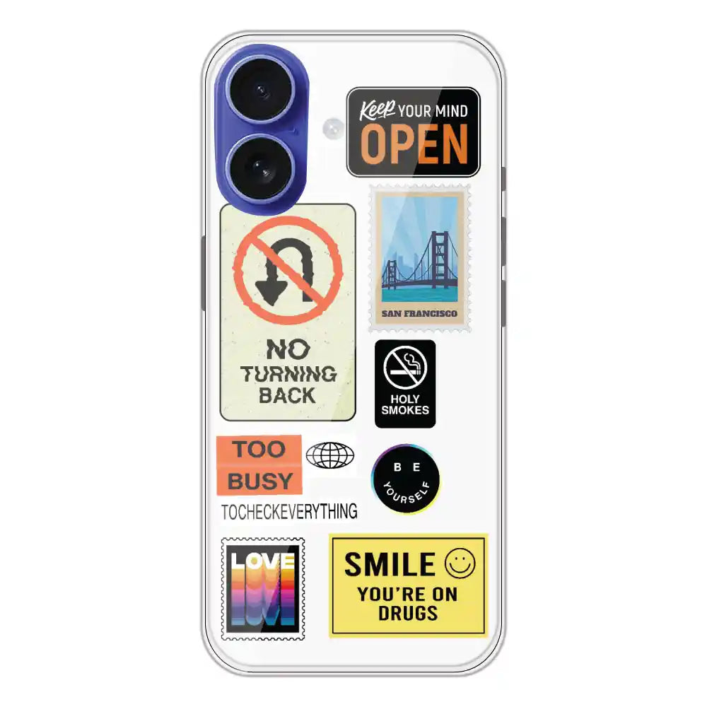 Retro Labels - Clear Printed Silicone Case For Apple iPhone 16