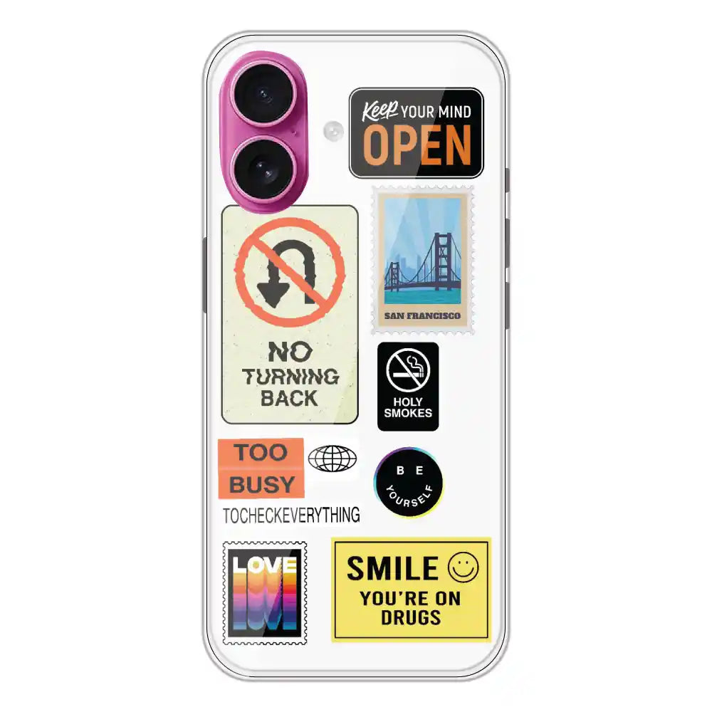 Retro Labels - Clear Printed Silicone Case For Apple iPhone 16 Plus