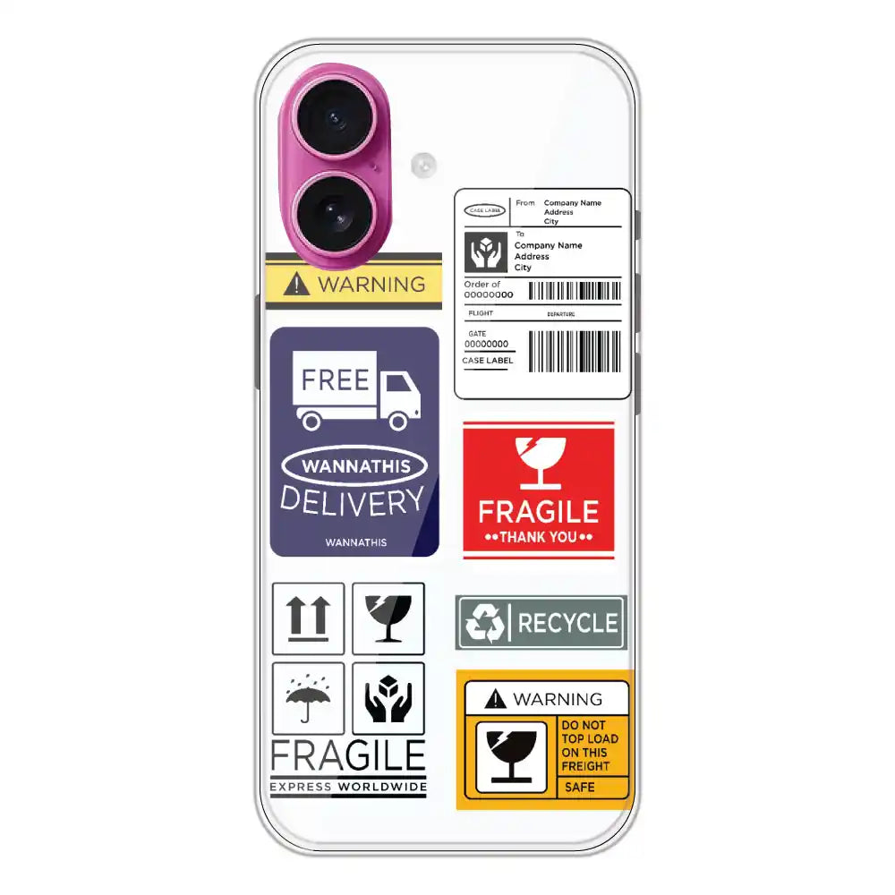 Caution Labels - Clear Printed Silicone Case For Apple iPhone 16 Plus