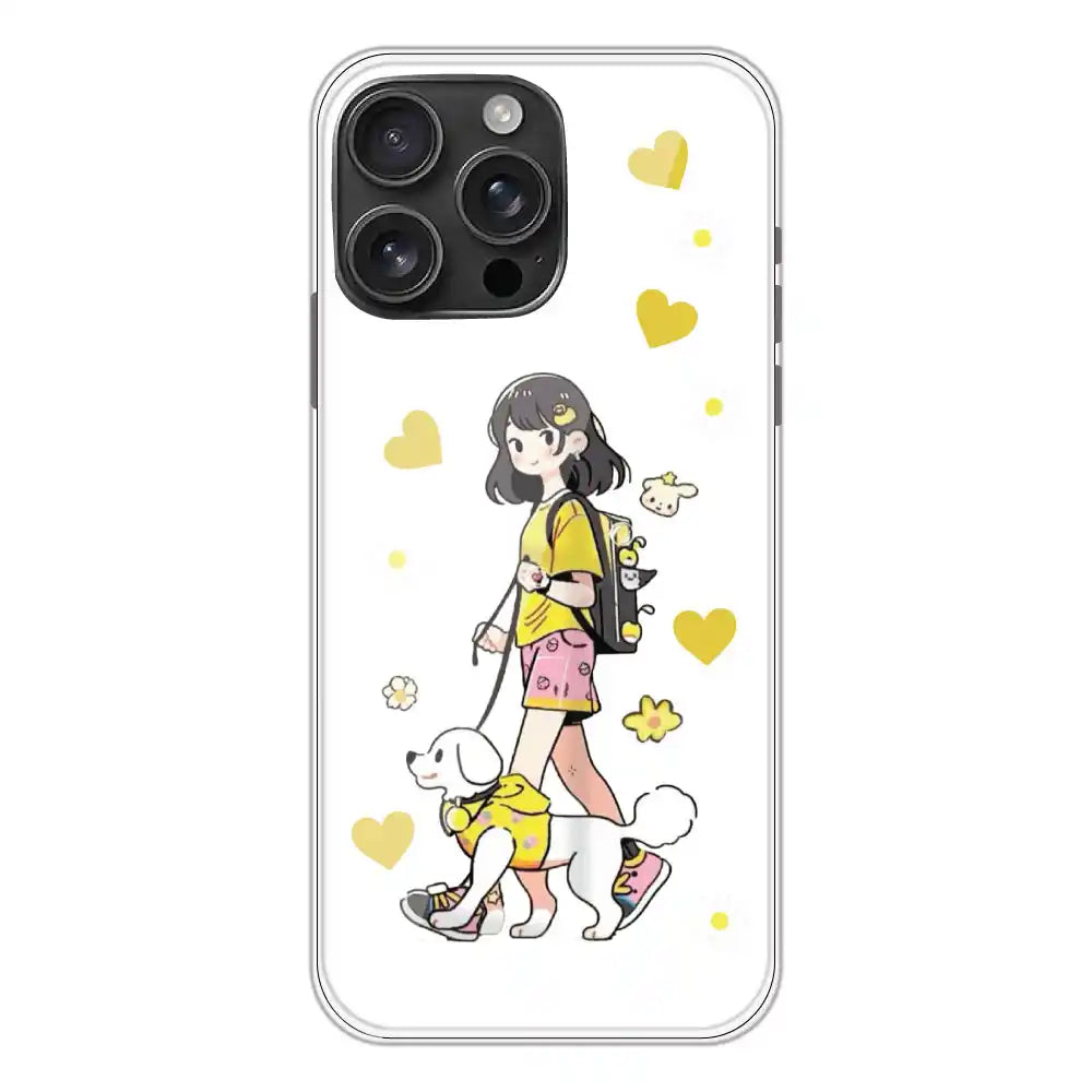 Yellow Girl And Dog - Clear Printed Silicone Case For Apple iPhone Models- Apple iPhone 16 Pro Max