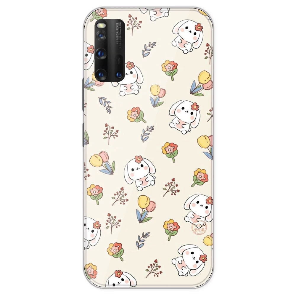 Cute Bunny And Flowers- Printed Silicone Case For IQOO 3