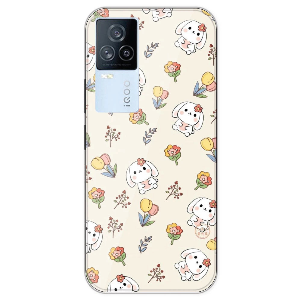 Cute Bunny And Flowers- Printed Silicone Case For IQOO 7 Legend