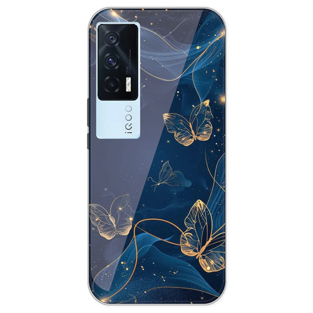 Blue With Gold Butterflies - Printed Silicone Case For IQOO 7
