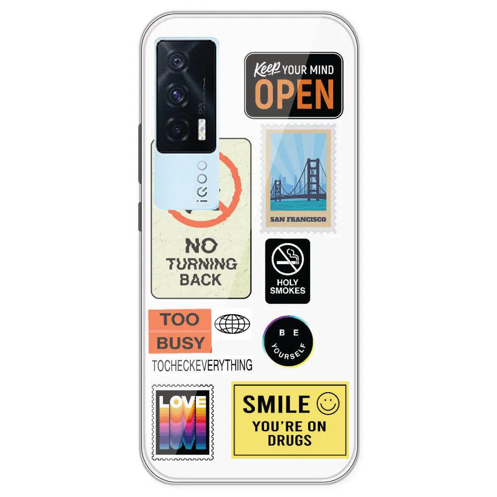 Retro Labels - Clear Printed Silicone Case For IQOO 7