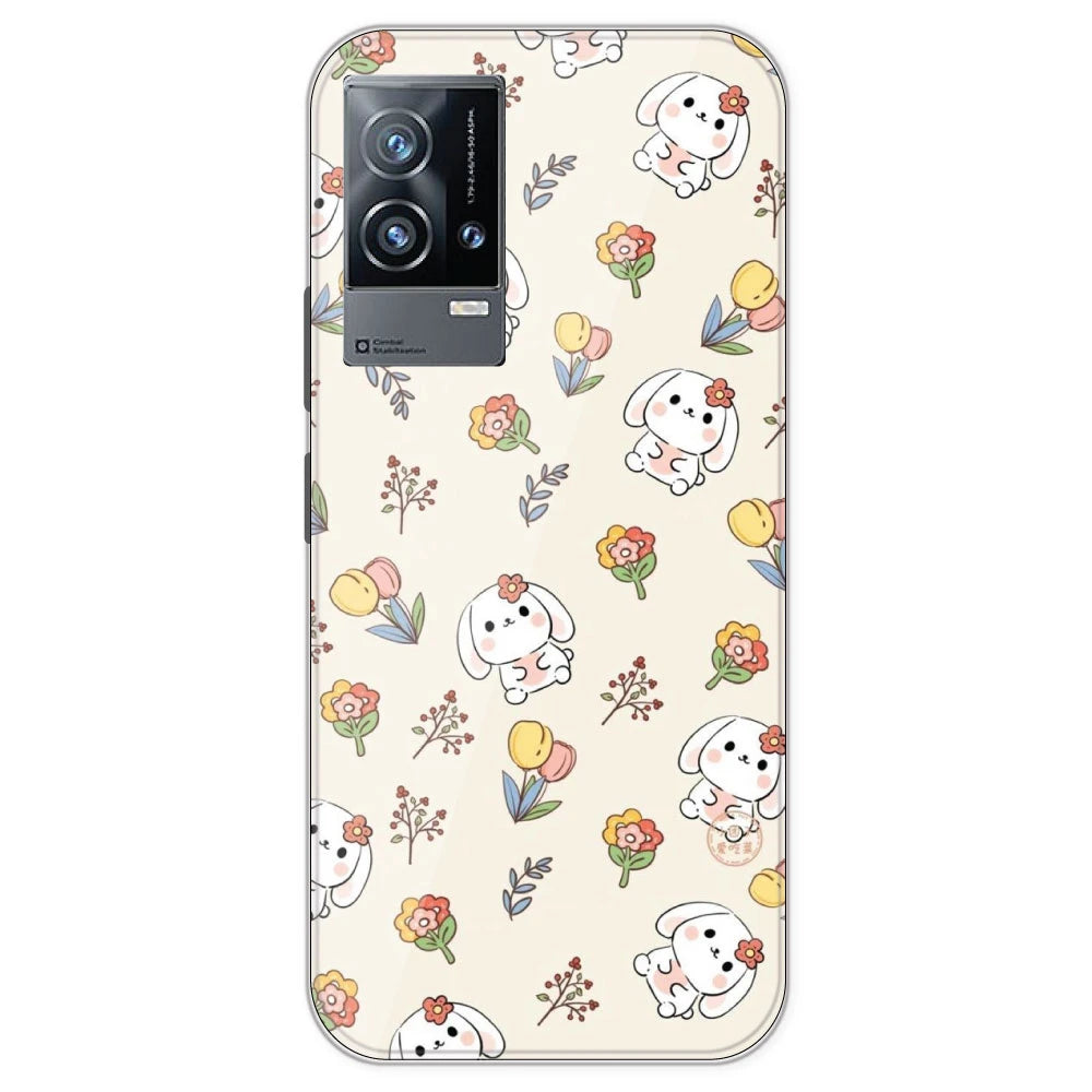 Cute Bunny And Flowers- Printed Silicone Case For IQOO 9