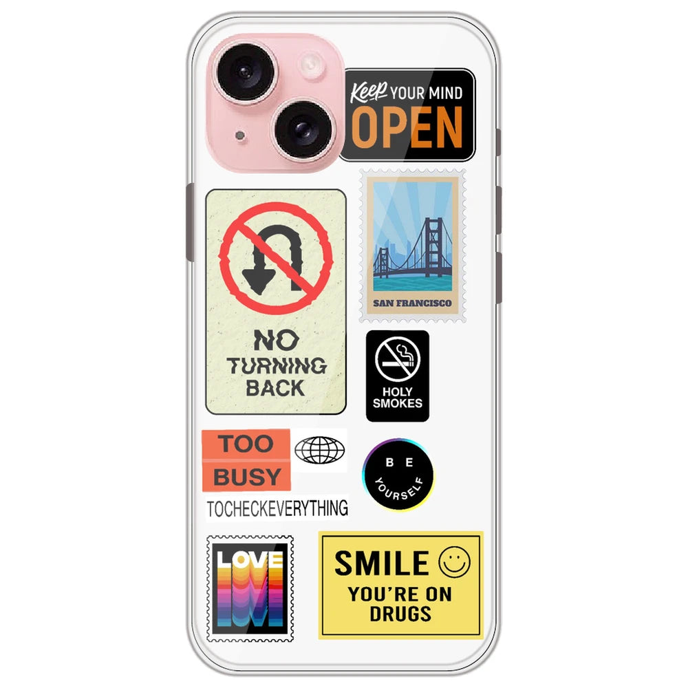 Retro Labels - Clear Printed Silicone Case for Apple iPhone 14 Plus