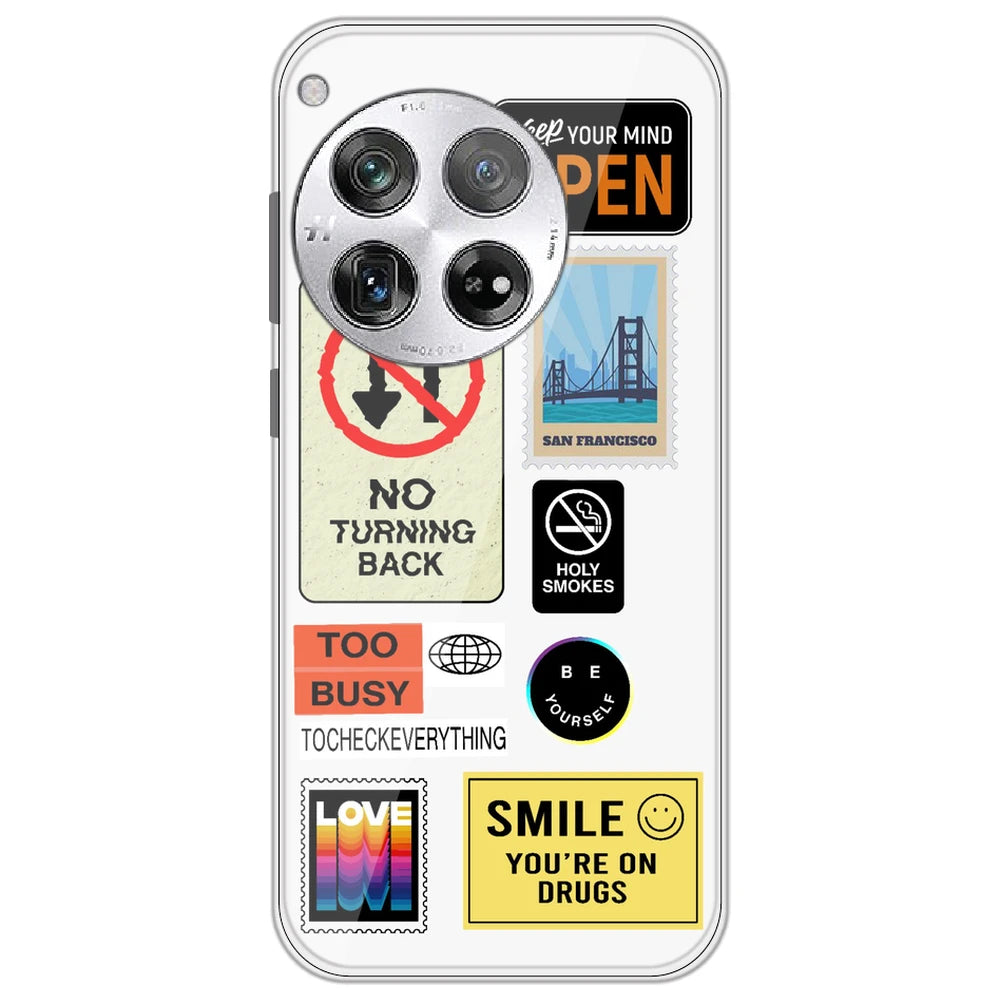 Retro Labels - Clear Printed Silicone Case for OnePlus 12