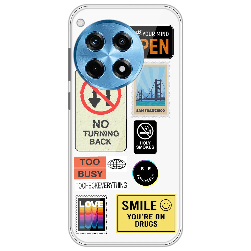 Retro Labels - Clear Printed Silicone Case for OnePlus 12R