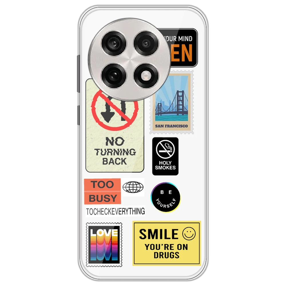 Retro Labels - Clear Printed Silicone Case for OnePlus 13R