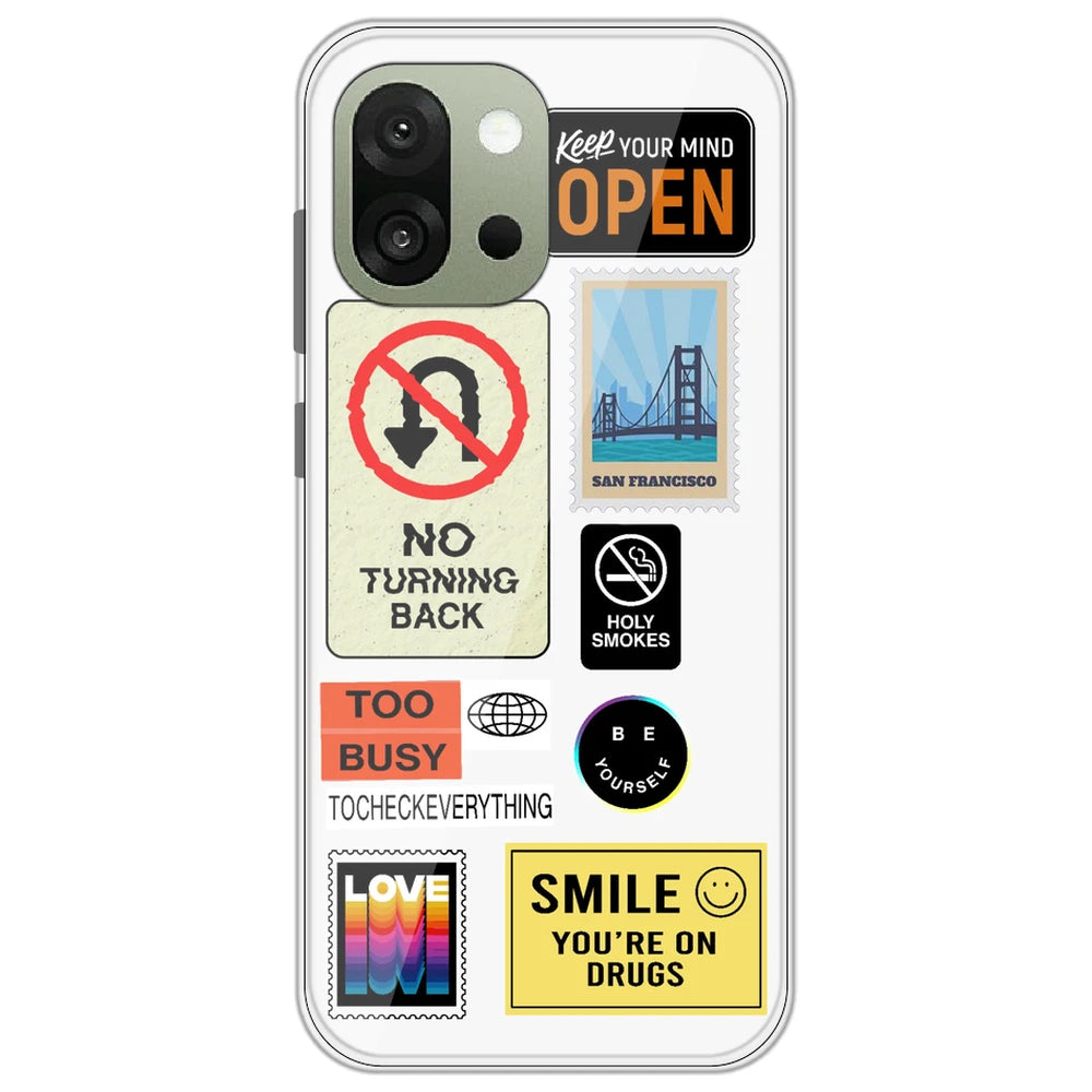 Retro Labels - Clear Printed Silicone Case for OnePlus 13s