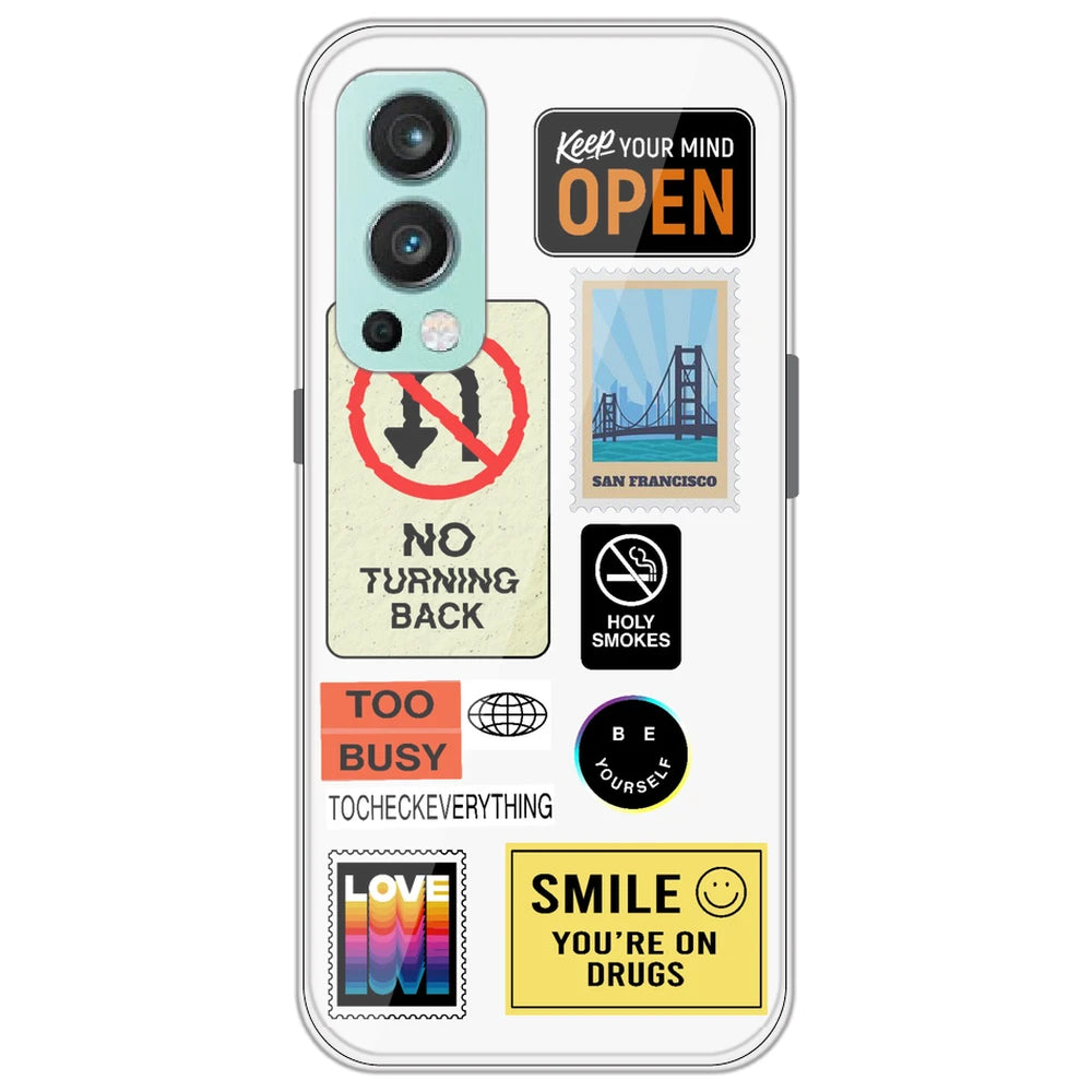 Retro Labels - Clear Printed Silicone Case for OnePlus Nord 2