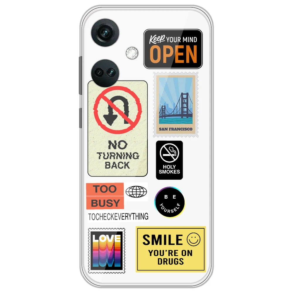 Retro Labels - Clear Printed Silicone Case for OnePlus Nord CE 3