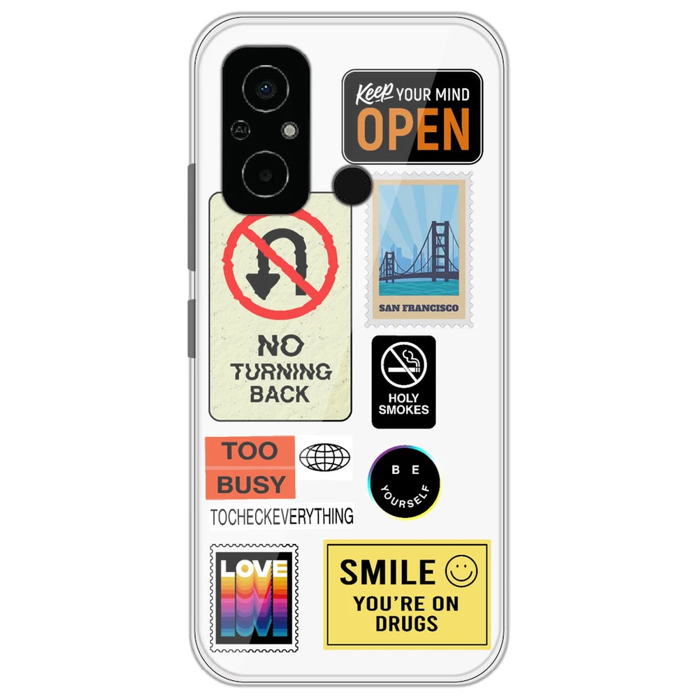 Retro Labels - Clear Printed Silicone Case for Poco C55