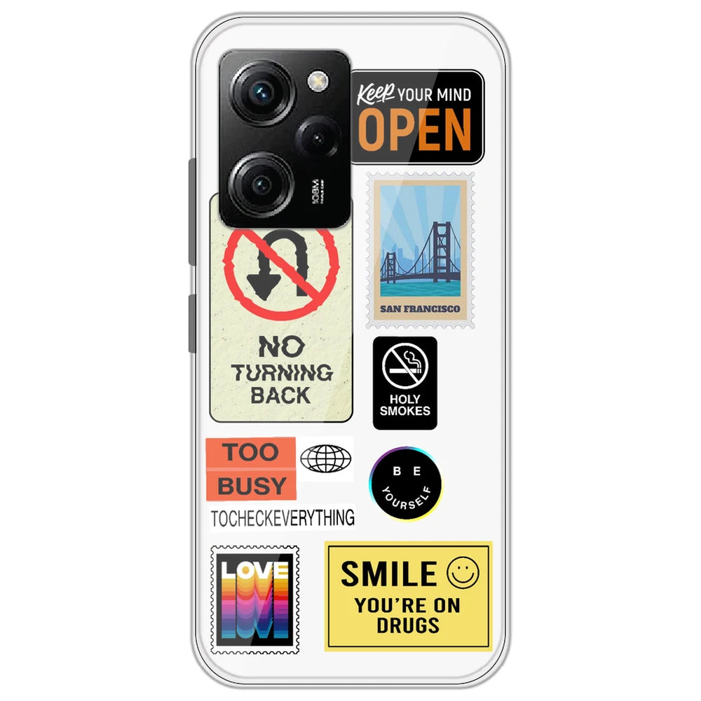Retro Labels - Clear Printed Silicone Case for Poco X5 Pro