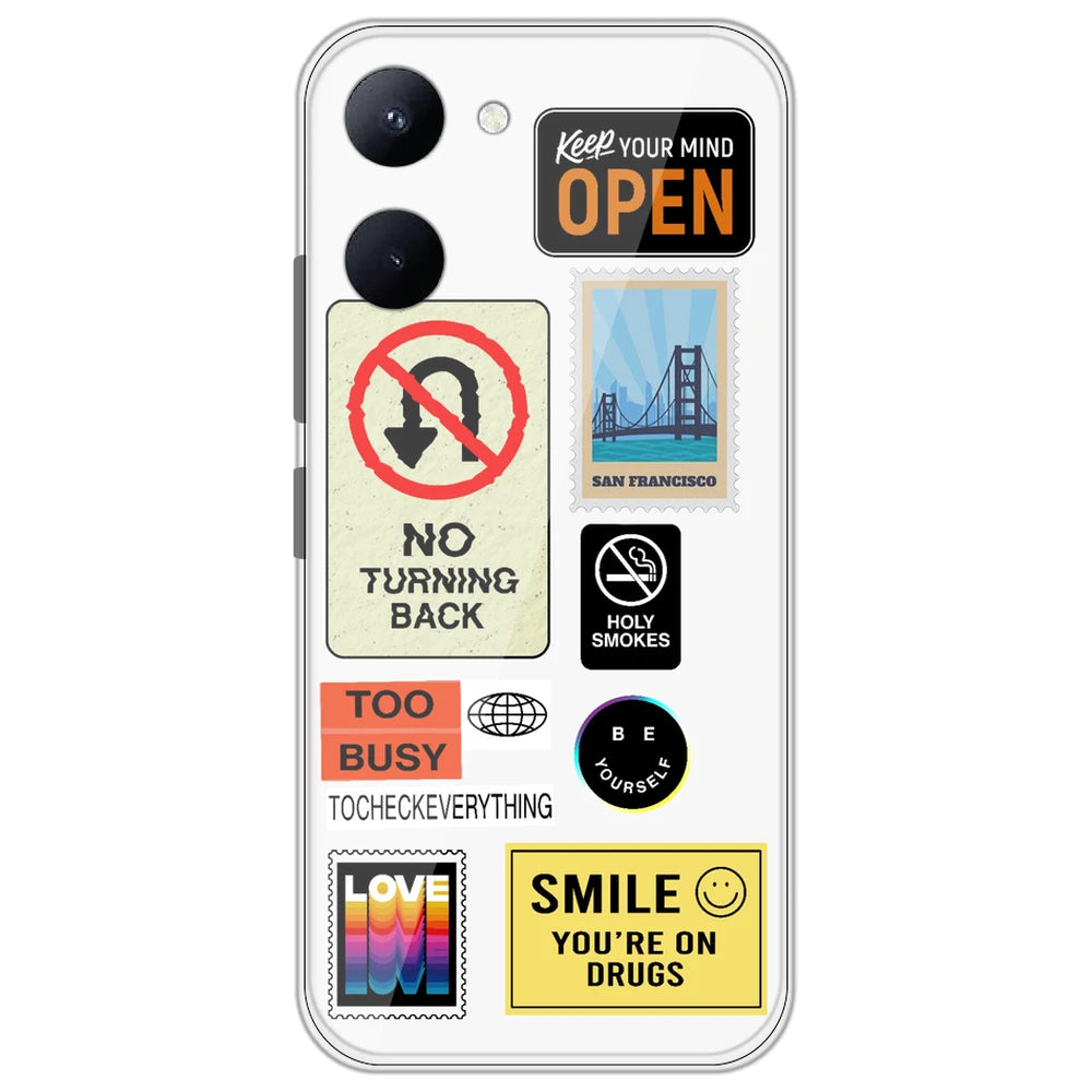 Retro Labels - Clear Printed Silicone Case for Realme C33 2023