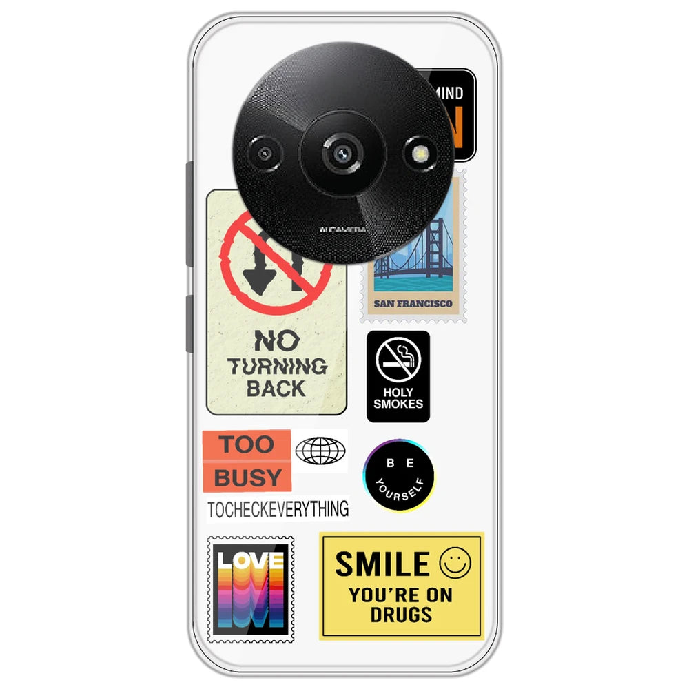 Retro Labels - Clear Printed Silicone Case for Redmi A3