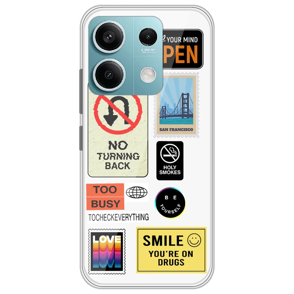 Retro Labels - Clear Printed Silicone Case for Redmi Note 13 5G