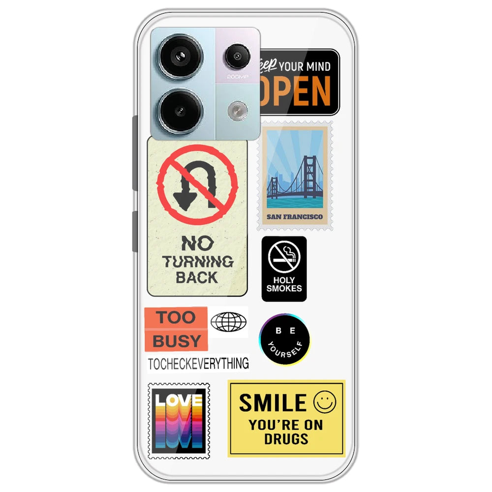 Retro Labels - Clear Printed Silicone Case for Redmi Note 13 Pro 5G