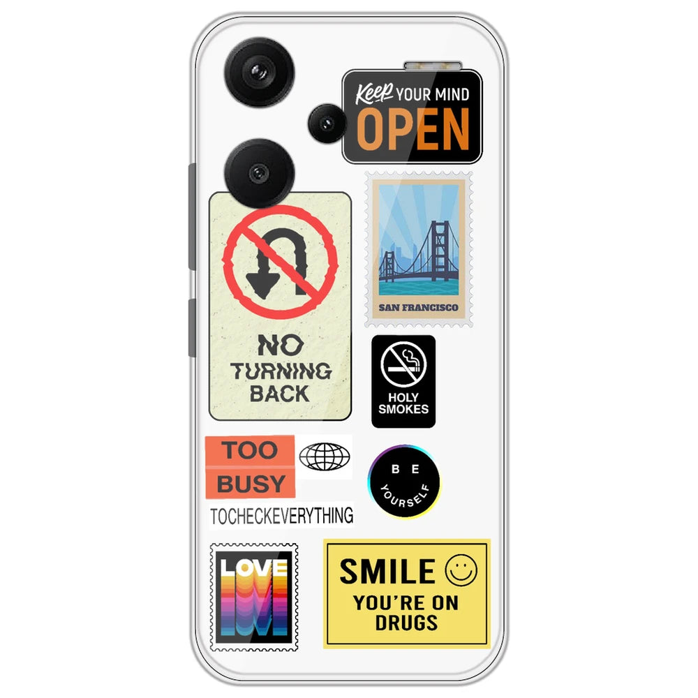 Retro Labels - Clear Printed Silicone Case for Redmi Note 13 Pro Plus 5G
